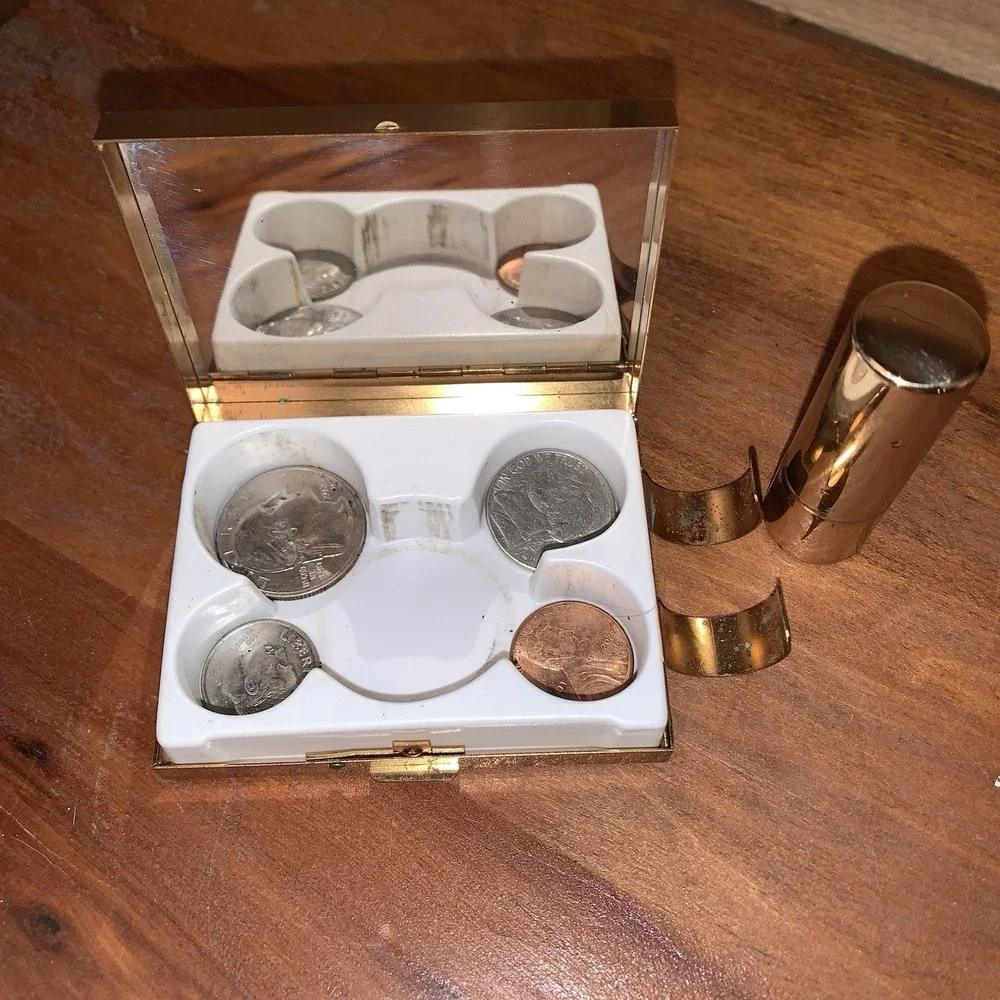 VTG Brass Coffee Break Coin Compact & Lipstick Holder 1950s Petty Cash Insert